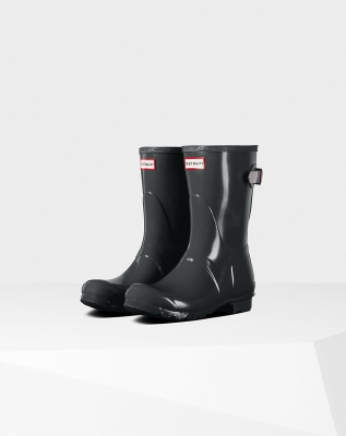 Women's Hunter Original Back Adjustable Gloss Short Rain Boots Black/Purple | US5203986