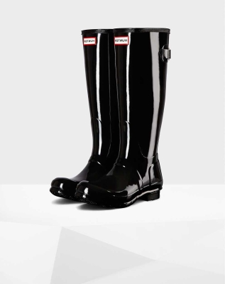 Women's Hunter Original Back Gloss Wellington Tall Rain Boots Black | US8317025