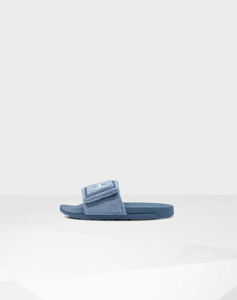 Women\'s Hunter Original Terry Towelling Logo Adjustable Slides Blue | US5628413