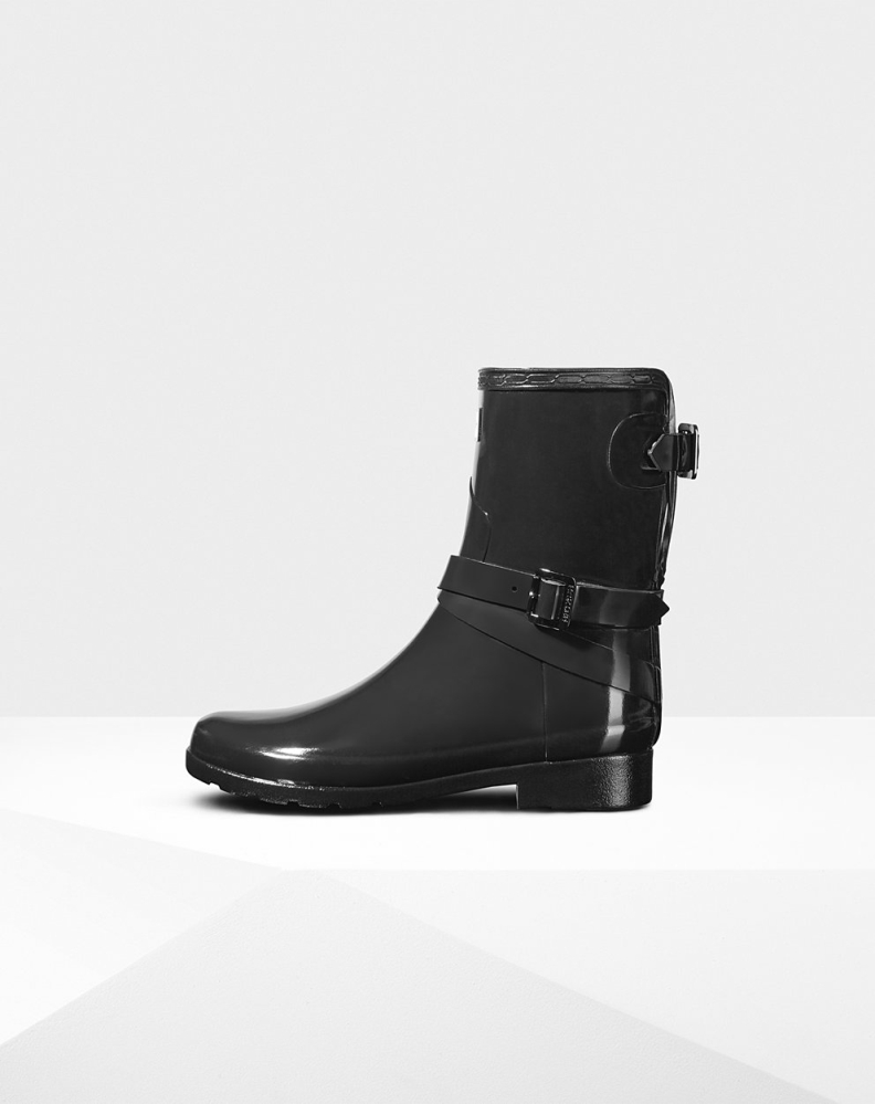Women\'s Hunter Refined Adjustable Gloss Short Rain Boots Black | US6714903